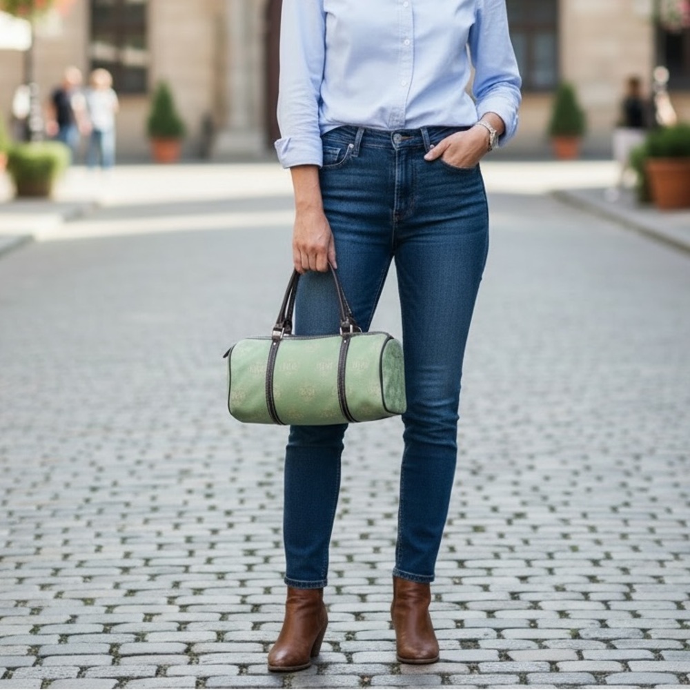 Vintage Dooney & Bourke Barrel Bag in light green monogram.